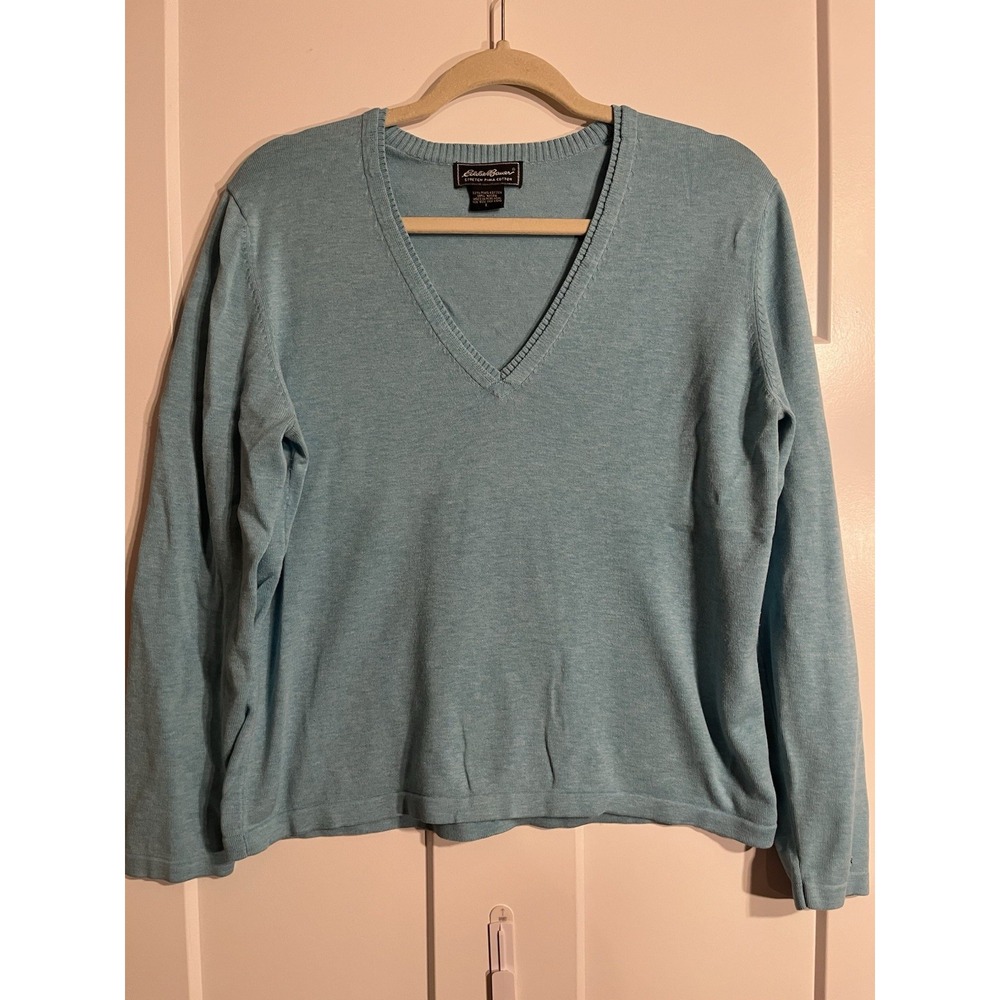 Eddie Bauer Womens L Stretch Pima Cotton V Neck Sweater Teal Blue Long Sleeve
